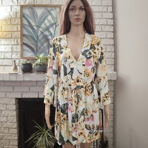 Maaji dress Medium floral cream midi blousson v neck long bell sleeves anthro